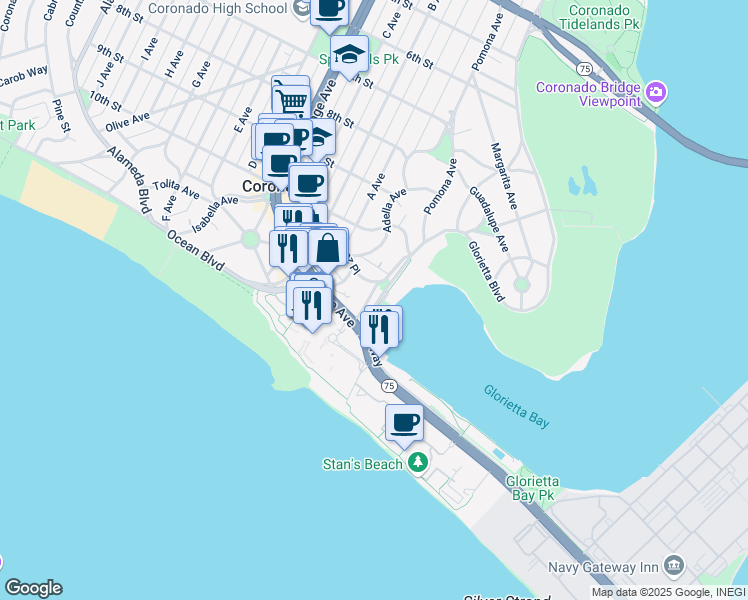 map of restaurants, bars, coffee shops, grocery stores, and more near 1638 Pomona Avenue in Coronado