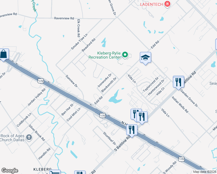 map of restaurants, bars, coffee shops, grocery stores, and more near 1744 Blacksmith Drive in Dallas