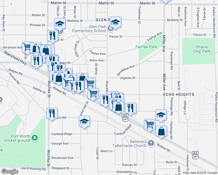 map of restaurants, bars, coffee shops, grocery stores, and more near 5216 Shackleford Street in Fort Worth