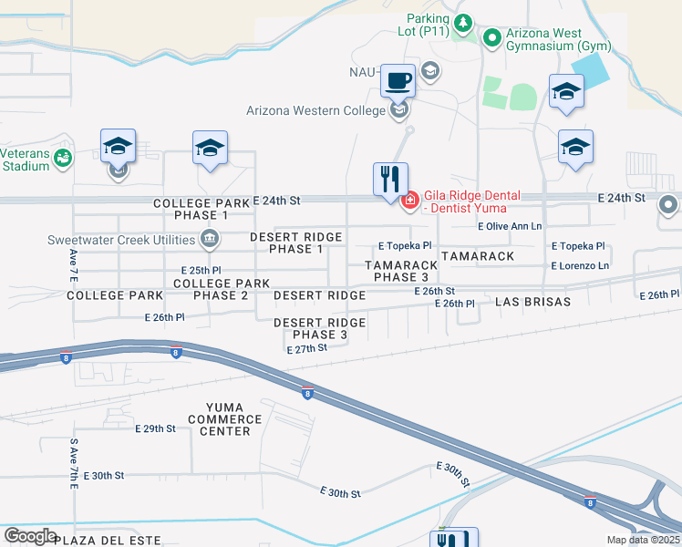 map of restaurants, bars, coffee shops, grocery stores, and more near 2566 South Avenue 7 3/4 in Yuma