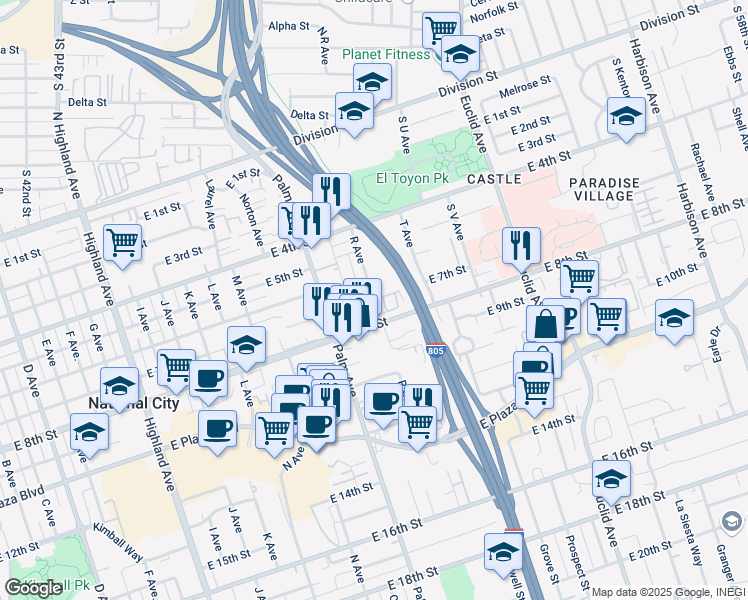 map of restaurants, bars, coffee shops, grocery stores, and more near East 7th Street in National City