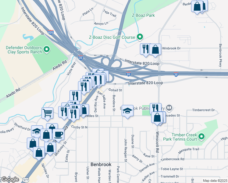 map of restaurants, bars, coffee shops, grocery stores, and more near 113 Goliad Street in Benbrook