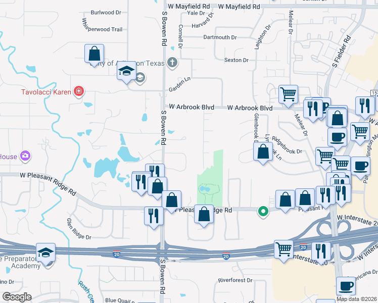 map of restaurants, bars, coffee shops, grocery stores, and more near 2409 Pleasant Circle North in Arlington