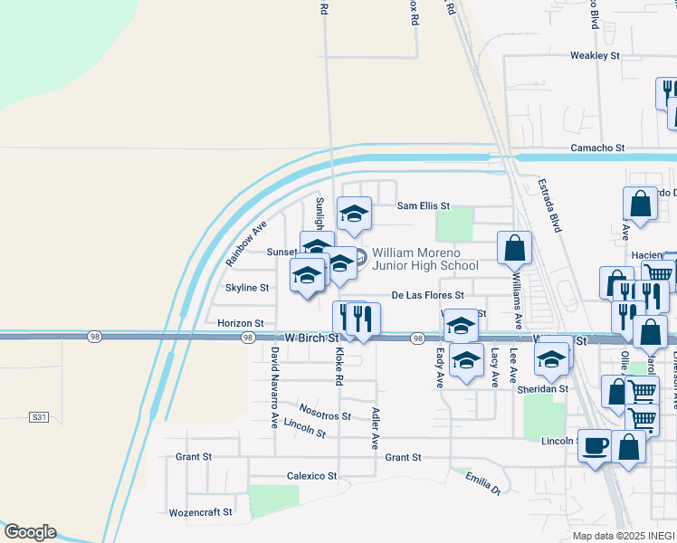 map of restaurants, bars, coffee shops, grocery stores, and more near 1201 Kloke Road in Calexico