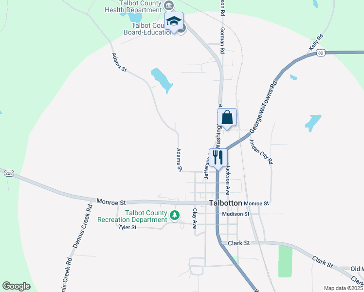 map of restaurants, bars, coffee shops, grocery stores, and more near 312 Adams Street in Talbotton