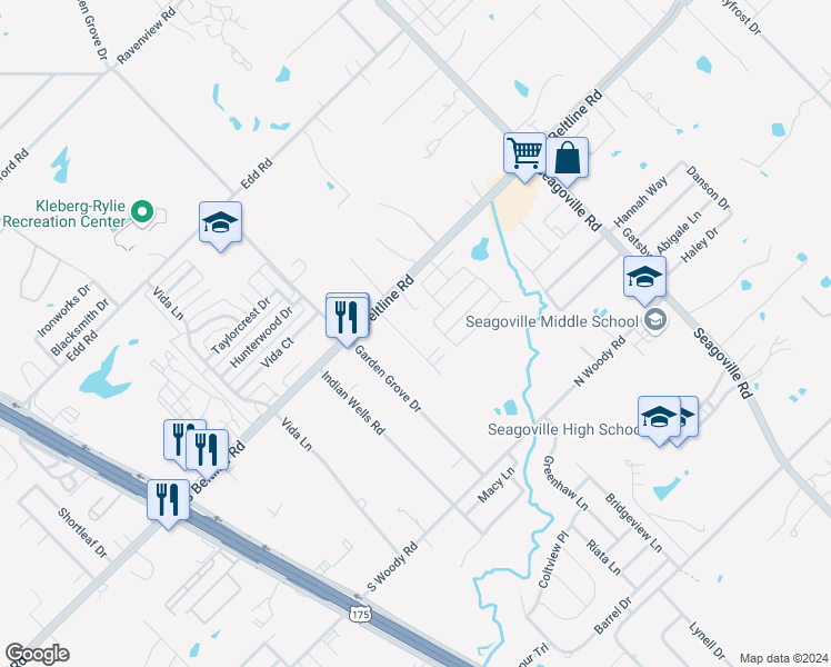 map of restaurants, bars, coffee shops, grocery stores, and more near 13651 Biggs Street in Dallas