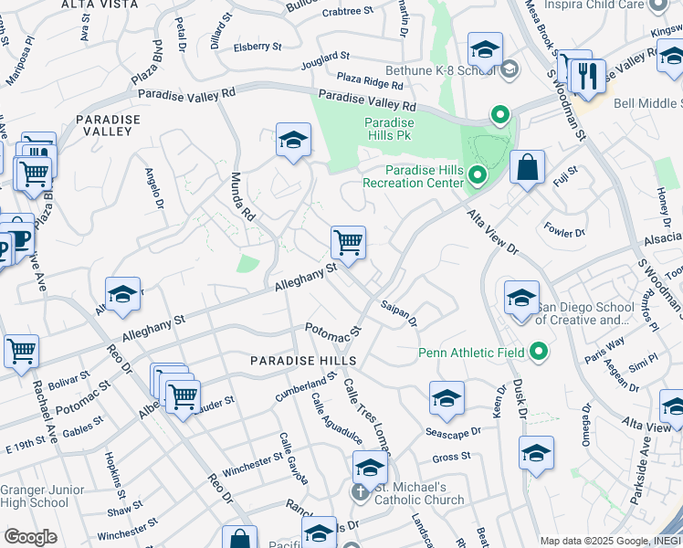 map of restaurants, bars, coffee shops, grocery stores, and more near 2120 Saipan Drive in San Diego