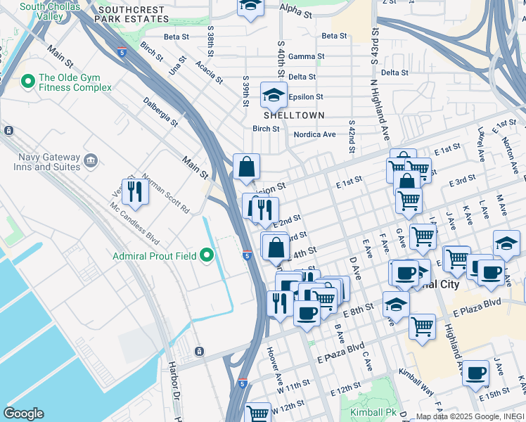 map of restaurants, bars, coffee shops, grocery stores, and more near 123 Main Street in National City