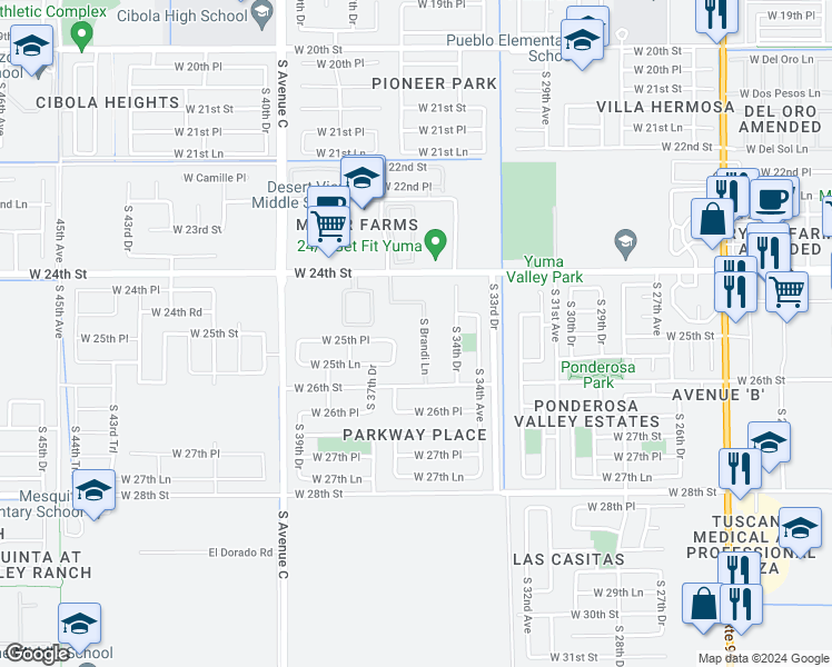 map of restaurants, bars, coffee shops, grocery stores, and more near 2502 South Brandi Lane in Yuma