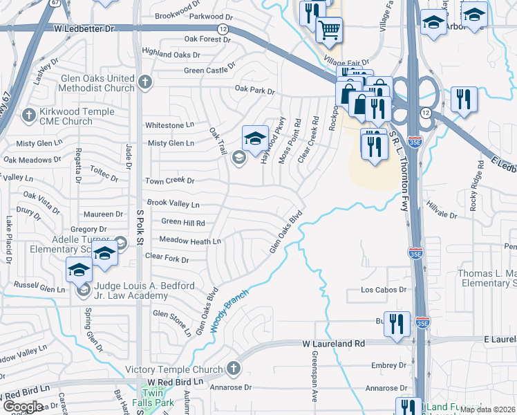 map of restaurants, bars, coffee shops, grocery stores, and more near 515 Brook Valley Lane in Dallas