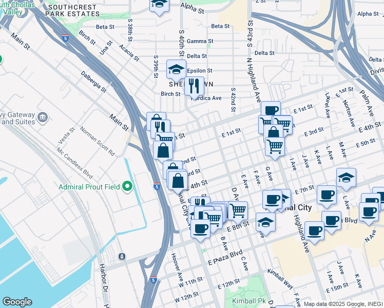 map of restaurants, bars, coffee shops, grocery stores, and more near 104 East 1st Street in National City