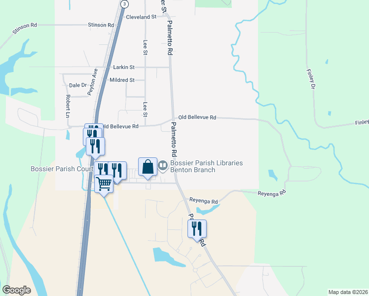 map of restaurants, bars, coffee shops, grocery stores, and more near 1360 Palmetto Road in Benton