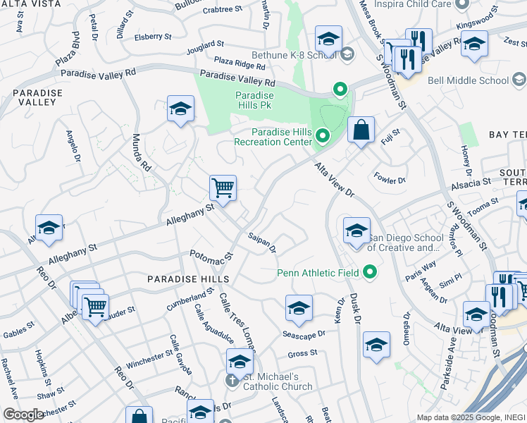 map of restaurants, bars, coffee shops, grocery stores, and more near 6365 Potomac Street in San Diego
