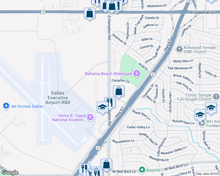 map of restaurants, bars, coffee shops, grocery stores, and more near 5302 South Hampton Road in Dallas