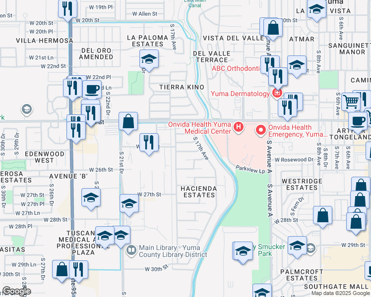 map of restaurants, bars, coffee shops, grocery stores, and more near 1760 W 25th St in Yuma
