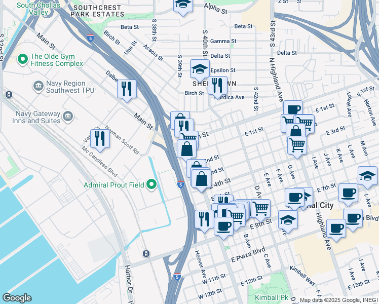 map of restaurants, bars, coffee shops, grocery stores, and more near 127 Main Street in National City