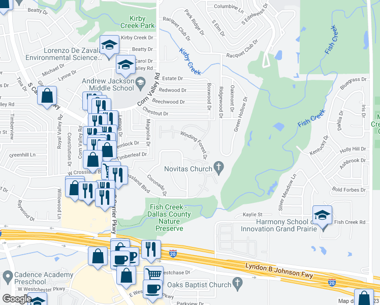 map of restaurants, bars, coffee shops, grocery stores, and more near 651 Royalwood Court in Grand Prairie