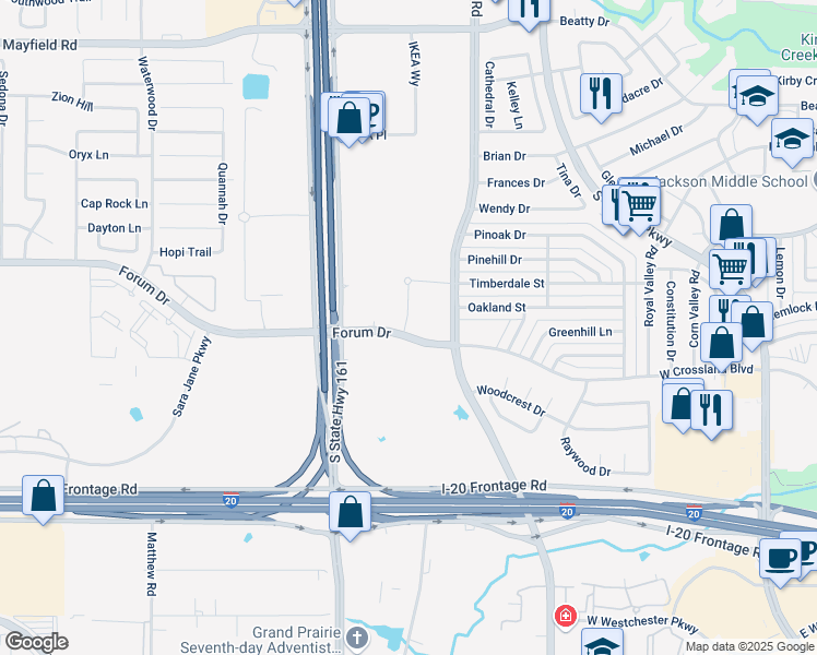 map of restaurants, bars, coffee shops, grocery stores, and more near 1658 Forum Drive in Grand Prairie