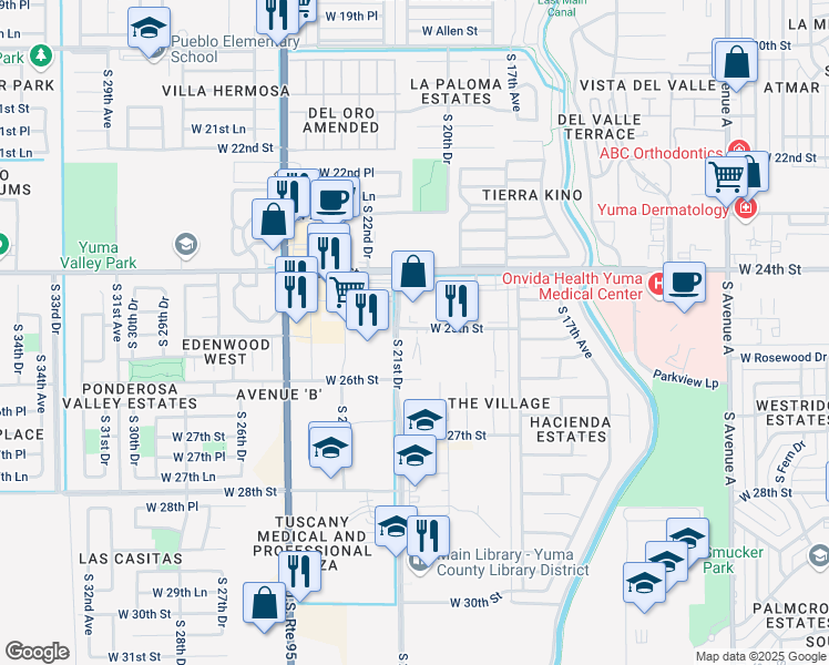 map of restaurants, bars, coffee shops, grocery stores, and more near 2051 West 25th Street in Yuma