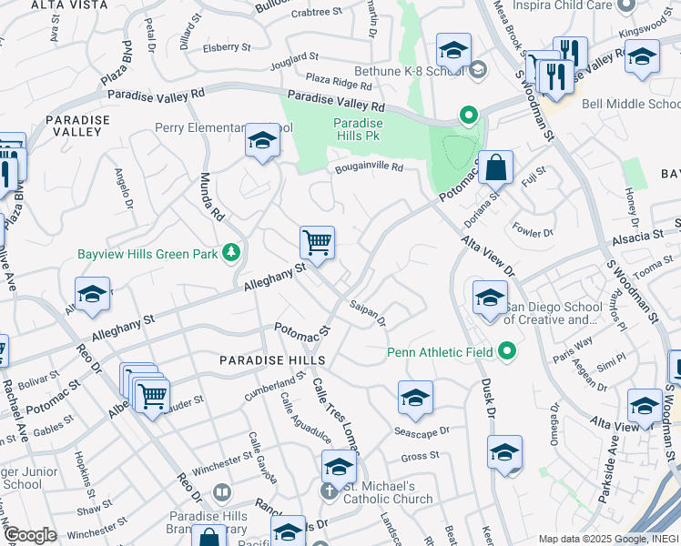 map of restaurants, bars, coffee shops, grocery stores, and more near 6332 Potomac Street in San Diego