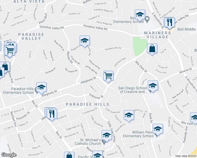 map of restaurants, bars, coffee shops, grocery stores, and more near 2120 Saipan Drive in San Diego