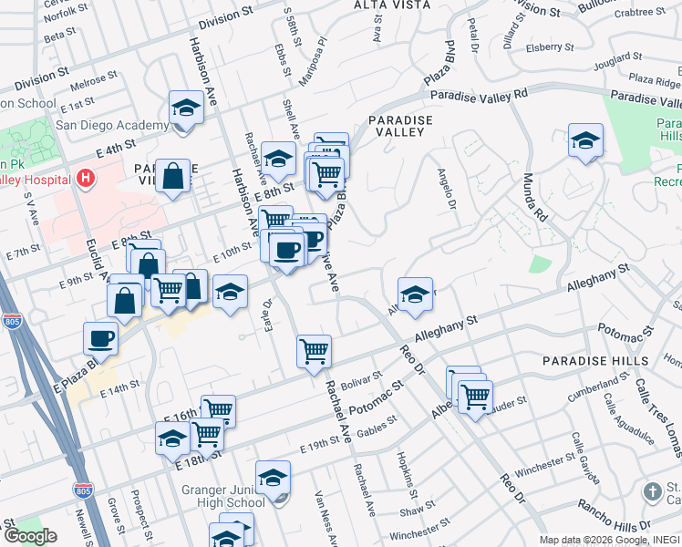 map of restaurants, bars, coffee shops, grocery stores, and more near 5726 Plumas Street in San Diego
