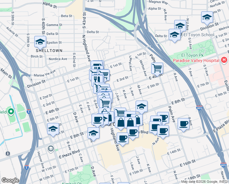 map of restaurants, bars, coffee shops, grocery stores, and more near 1014 East 4th Street in National City