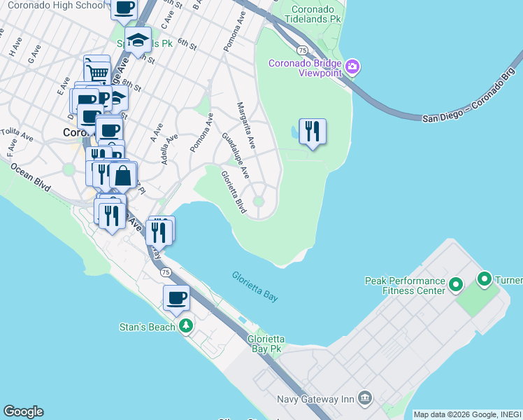 map of restaurants, bars, coffee shops, grocery stores, and more near 1020 Bay Circle in Coronado