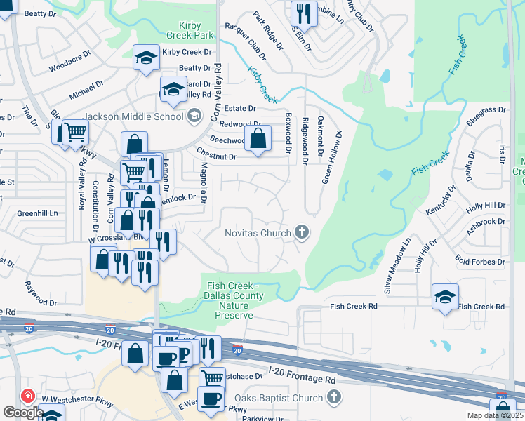 map of restaurants, bars, coffee shops, grocery stores, and more near 651 Royalwood Court in Grand Prairie