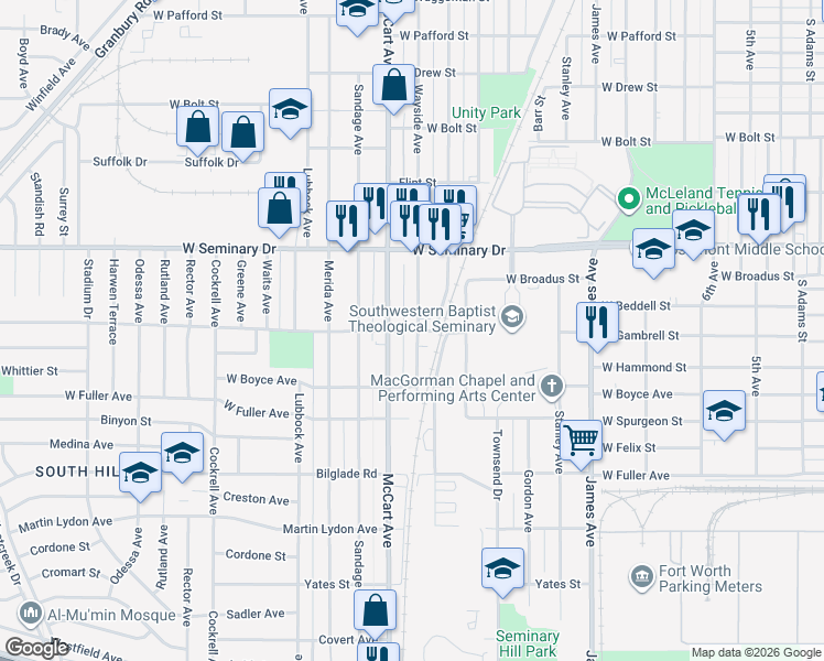 map of restaurants, bars, coffee shops, grocery stores, and more near 4441 Wayside Avenue in Fort Worth