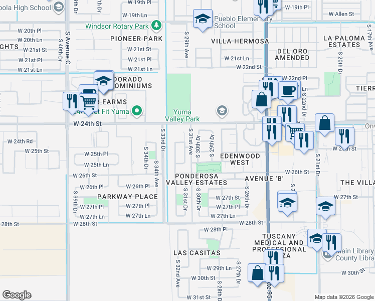 map of restaurants, bars, coffee shops, grocery stores, and more near 2515 South 31st Drive in Yuma