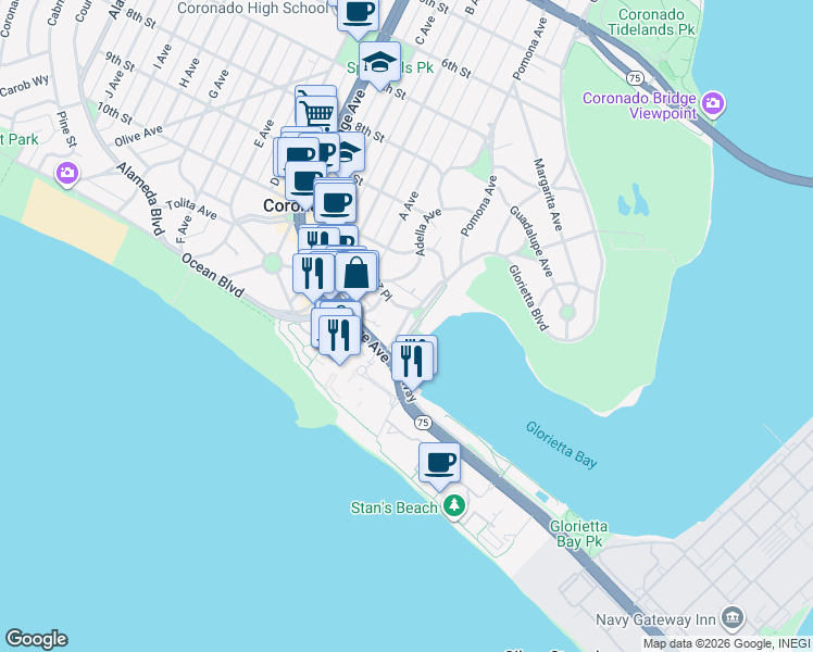 map of restaurants, bars, coffee shops, grocery stores, and more near 1604 Pomona Avenue in Coronado