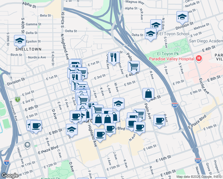 map of restaurants, bars, coffee shops, grocery stores, and more near 1145 East 5th Street in National City