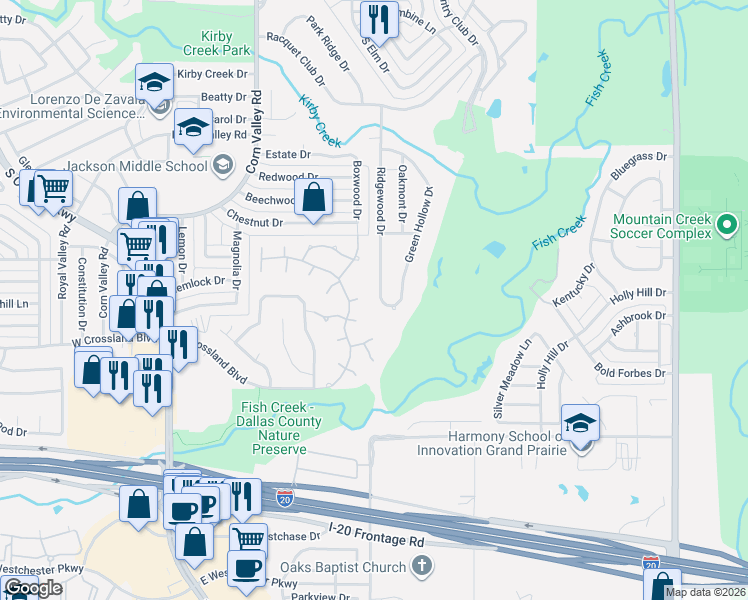 map of restaurants, bars, coffee shops, grocery stores, and more near 3734 Ridgewood Drive in Grand Prairie