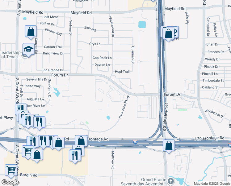map of restaurants, bars, coffee shops, grocery stores, and more near 2045 Forum Drive in Grand Prairie