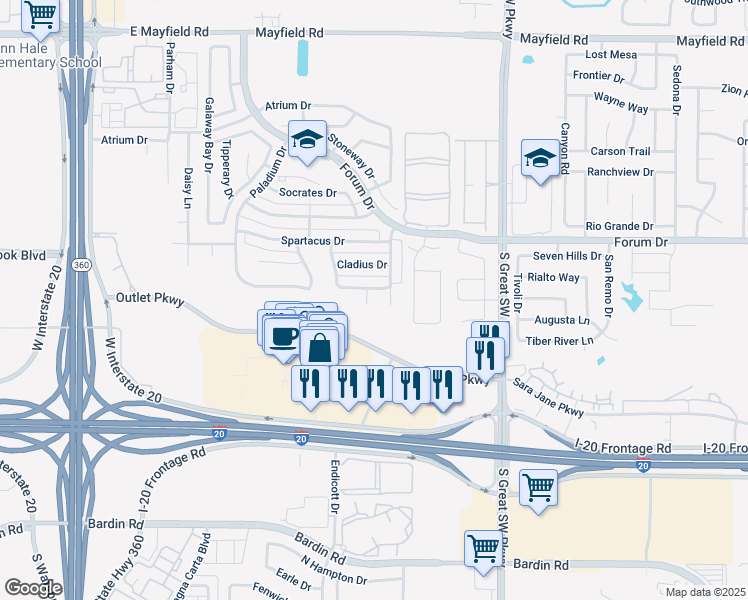 map of restaurants, bars, coffee shops, grocery stores, and more near 3705 Cyrus Court in Grand Prairie