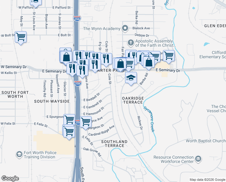 map of restaurants, bars, coffee shops, grocery stores, and more near 4441 Cole Street in Fort Worth
