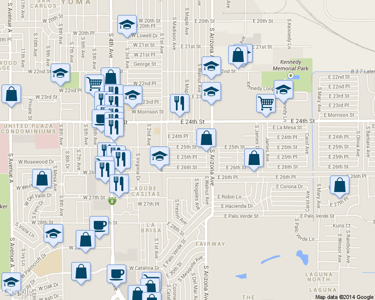 map of restaurants, bars, coffee shops, grocery stores, and more near 183 East 25th Street in Yuma
