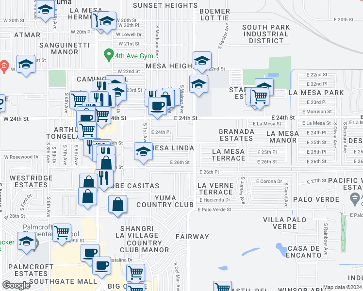 map of restaurants, bars, coffee shops, grocery stores, and more near 233 East 25th Street in Yuma