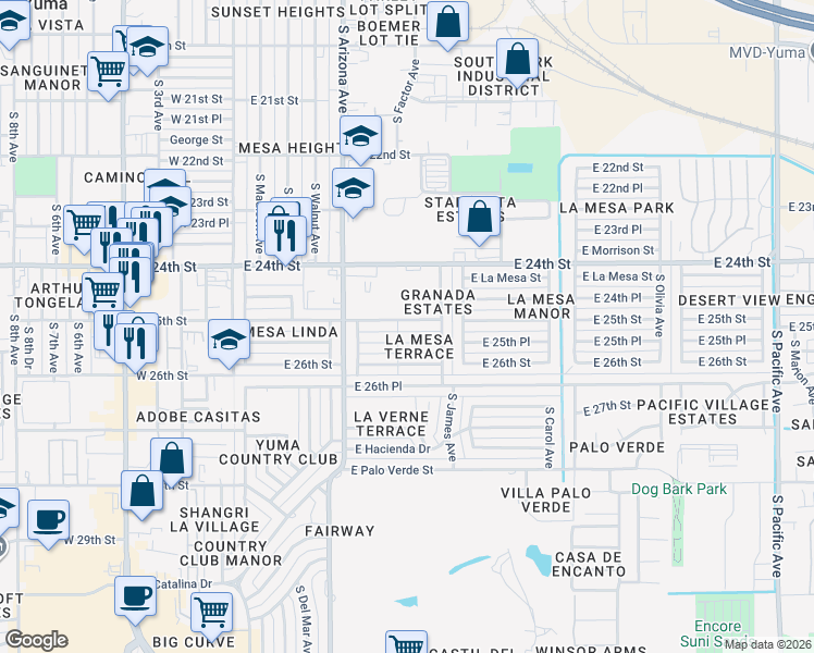 map of restaurants, bars, coffee shops, grocery stores, and more near 715 E 25th St in Yuma