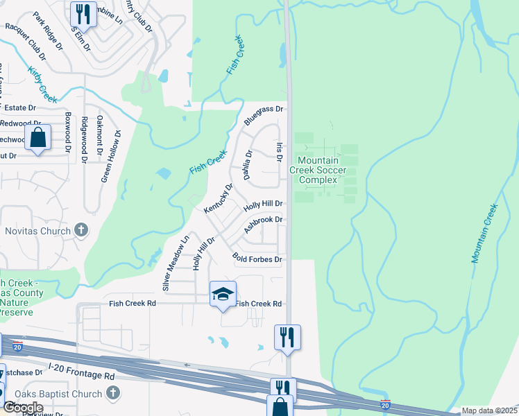 map of restaurants, bars, coffee shops, grocery stores, and more near 1313 Holly Hill Drive in Grand Prairie