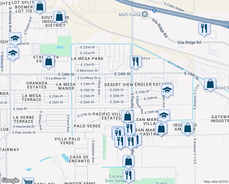 map of restaurants, bars, coffee shops, grocery stores, and more near 2033 East 25th Street in Yuma