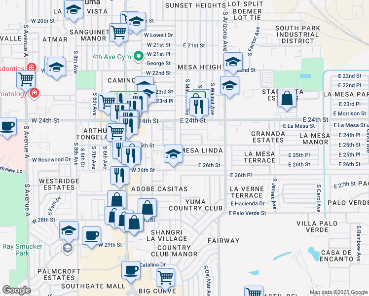 map of restaurants, bars, coffee shops, grocery stores, and more near 113 East 25th Street in Yuma