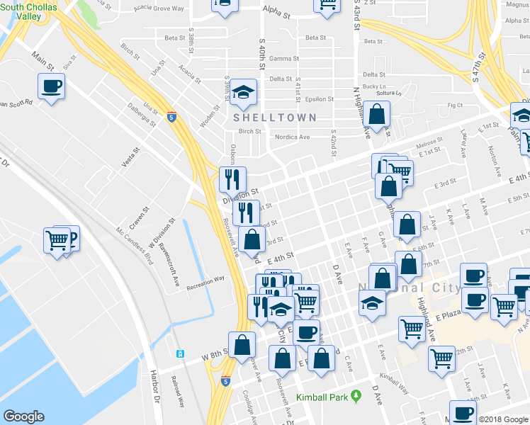 map of restaurants, bars, coffee shops, grocery stores, and more near 104 East 1st Street in National City