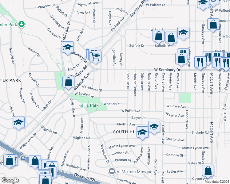 map of restaurants, bars, coffee shops, grocery stores, and more near 3417 West Gambrell Street in Fort Worth