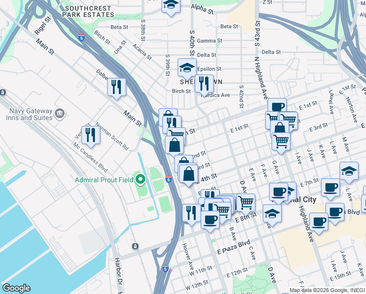 map of restaurants, bars, coffee shops, grocery stores, and more near 2 East 1st Street in National City