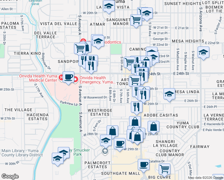 map of restaurants, bars, coffee shops, grocery stores, and more near 2500 South 8th Drive in Yuma