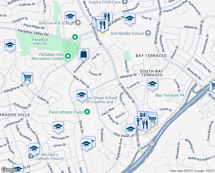 map of restaurants, bars, coffee shops, grocery stores, and more near 6816 Panamint Row in San Diego