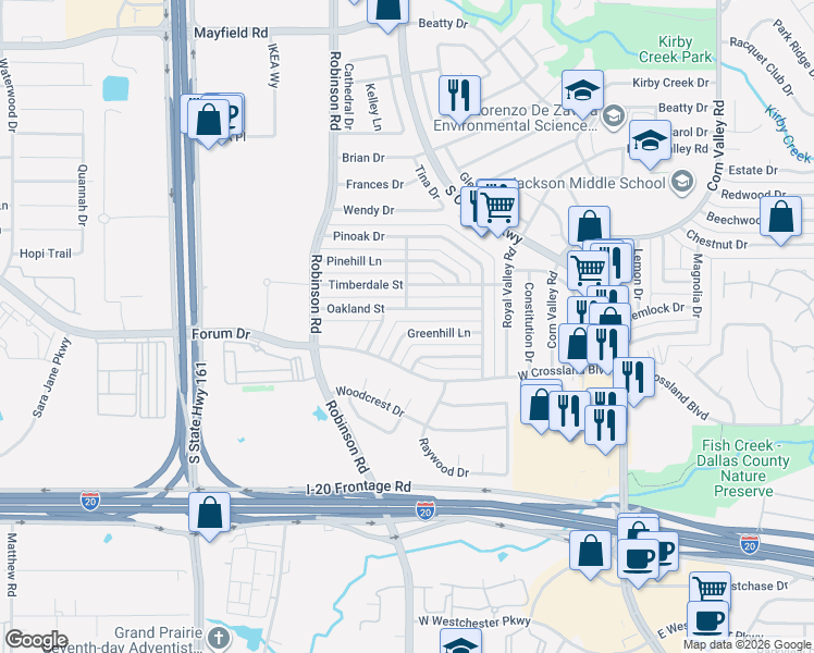 map of restaurants, bars, coffee shops, grocery stores, and more near 750 Greenhill Lane in Grand Prairie