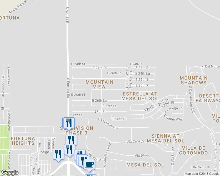 map of restaurants, bars, coffee shops, grocery stores, and more near 11376 East 26th Street in Yuma